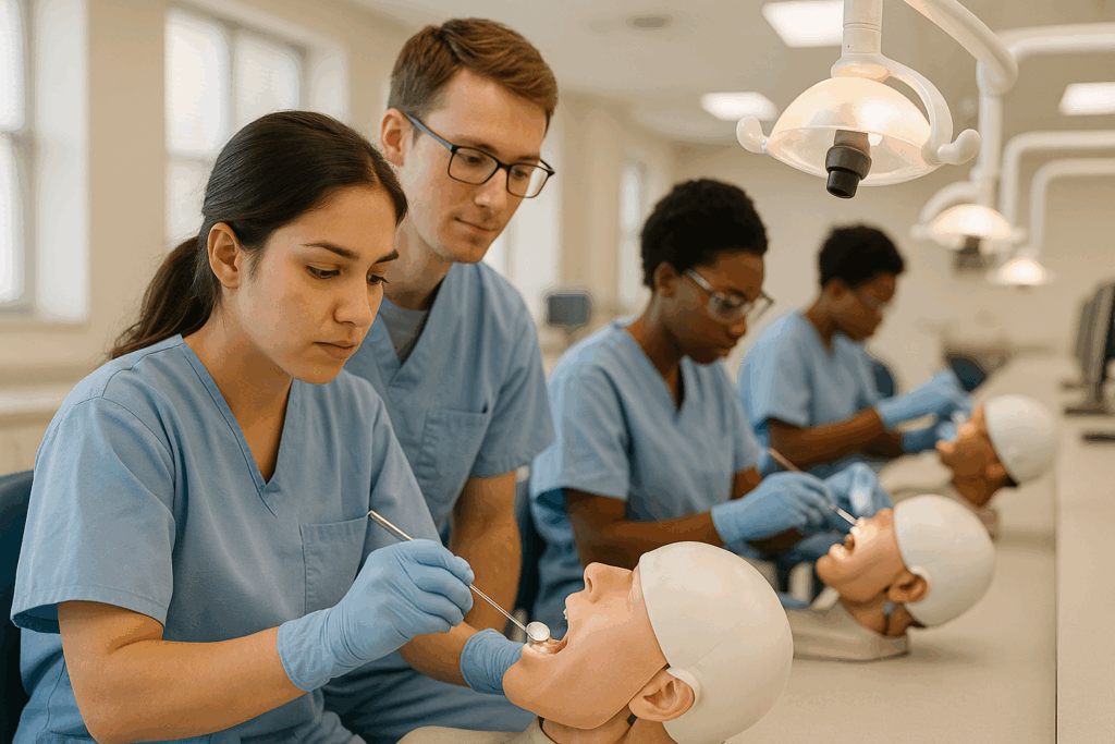 Students learning hands-on dental skills at a dental career training school during class.