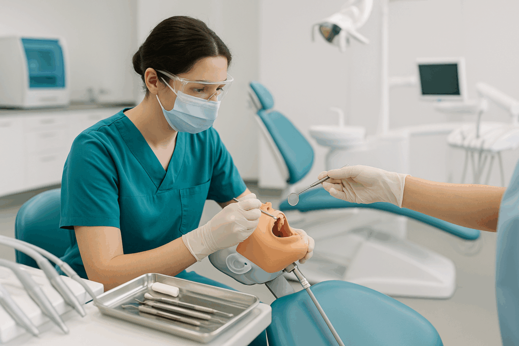 Student practicing in a dental lab during a dental assisting program.