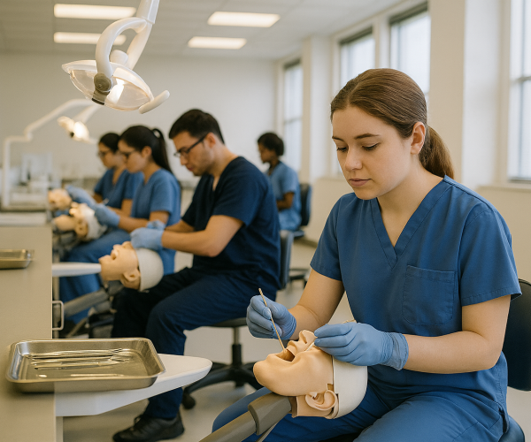 Students practicing clinical skills in a dental assisting program classroom.