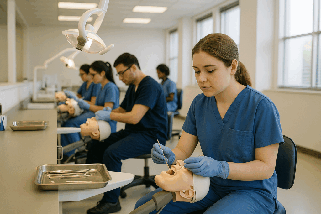 Students practicing clinical skills in a dental assisting program classroom.
